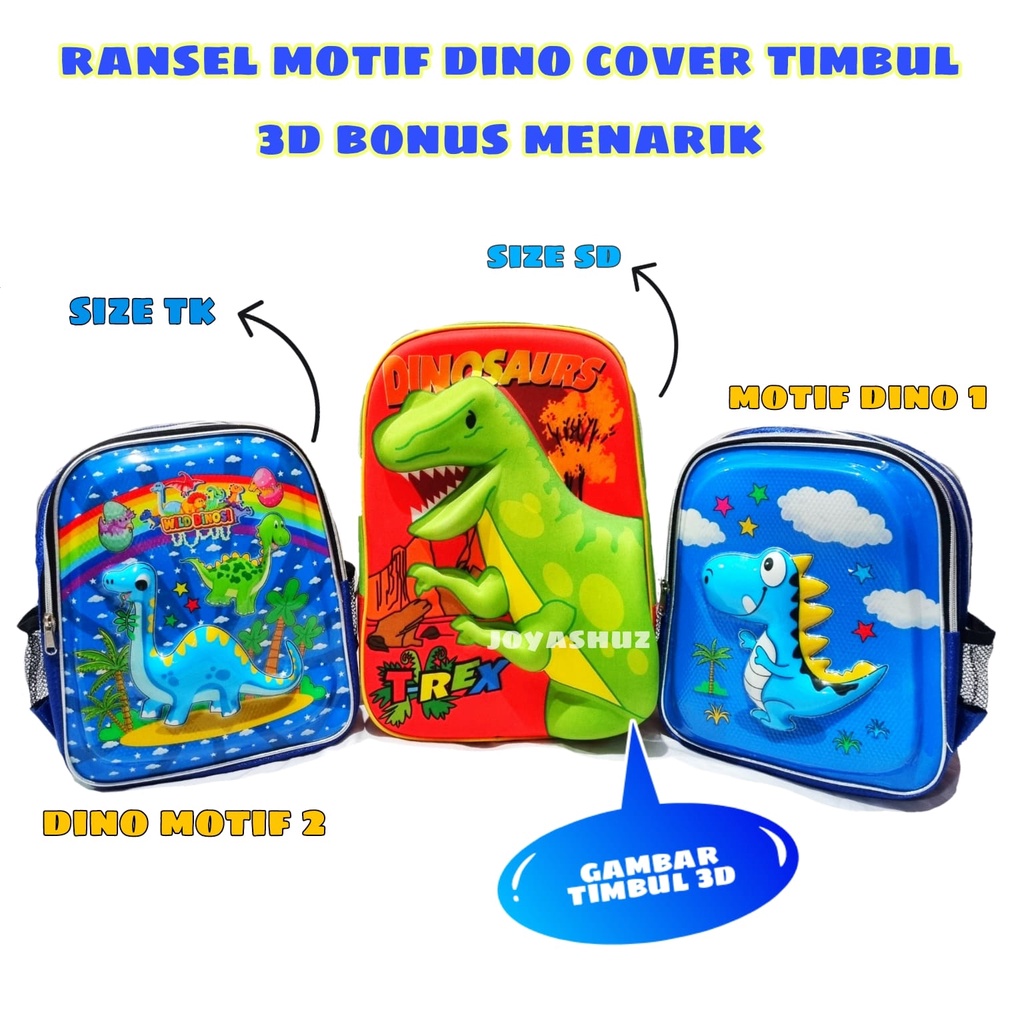 Ransel Anak Laki-laki - Tas Anak Karakter Dino - Ransel T-Rex 3D - Tas Gratis Bonus - Ransel Dino Saurios - Dinosaurs