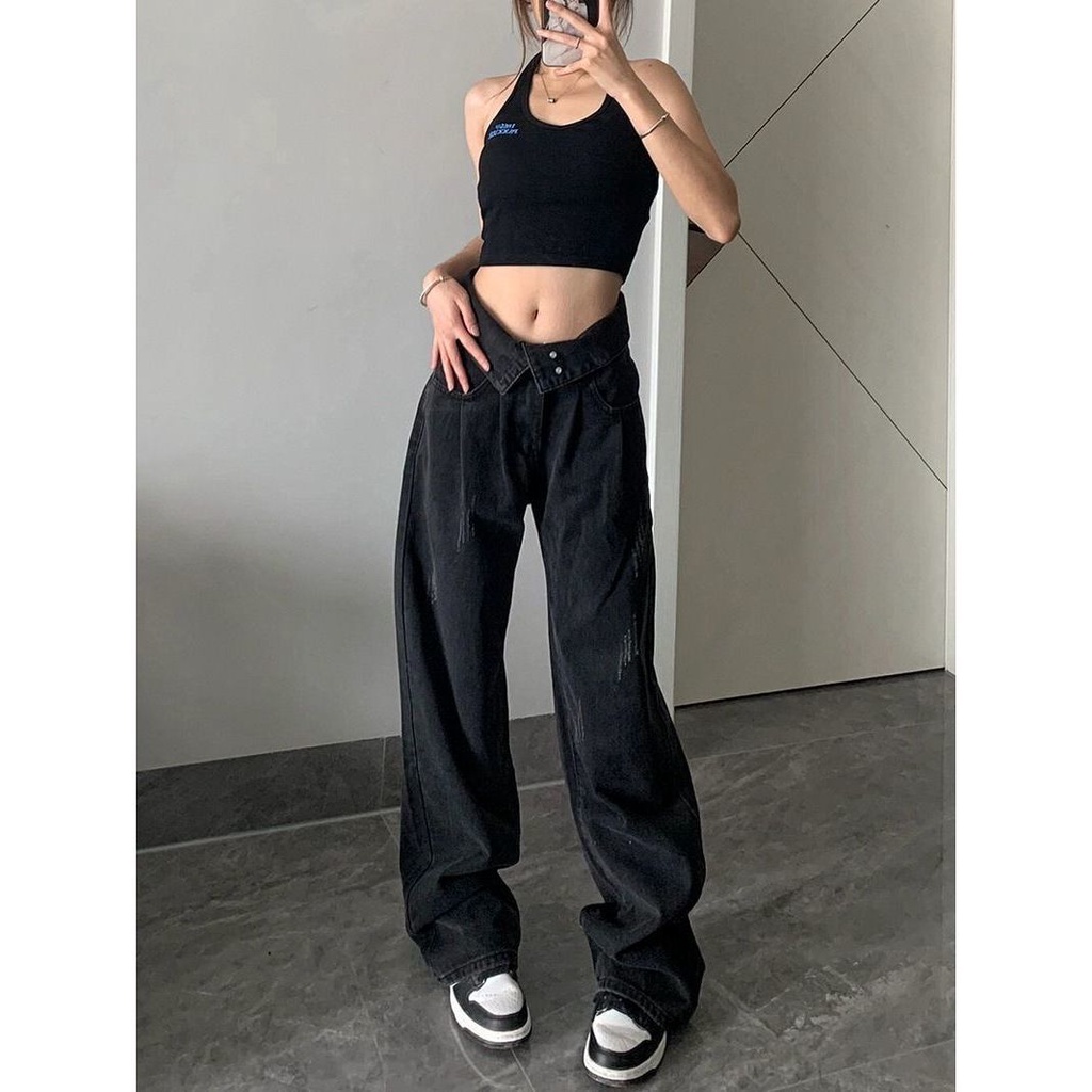 ✁American ins retro wash black jeans women s summer hot girl design sense loose and thin straight wide-leg pants