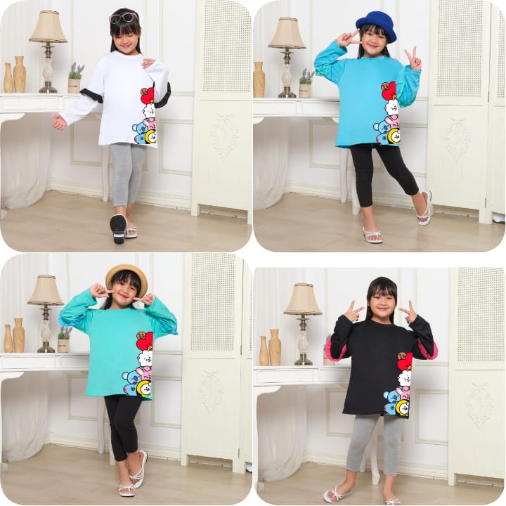 Hzl_outfit Kaos Baju Anak Kerut Lengan Panjang BT21 CUTE/Baju Kaos Anak Perempuan Kombinasi Lengan