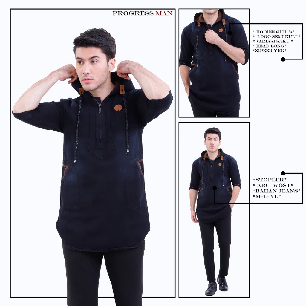 Koko Pria Mode Hoodie / Kurta Pakistan Hoodie Premium Koko Kurta Hoodie Lengan 3/4 Original 2023 / K