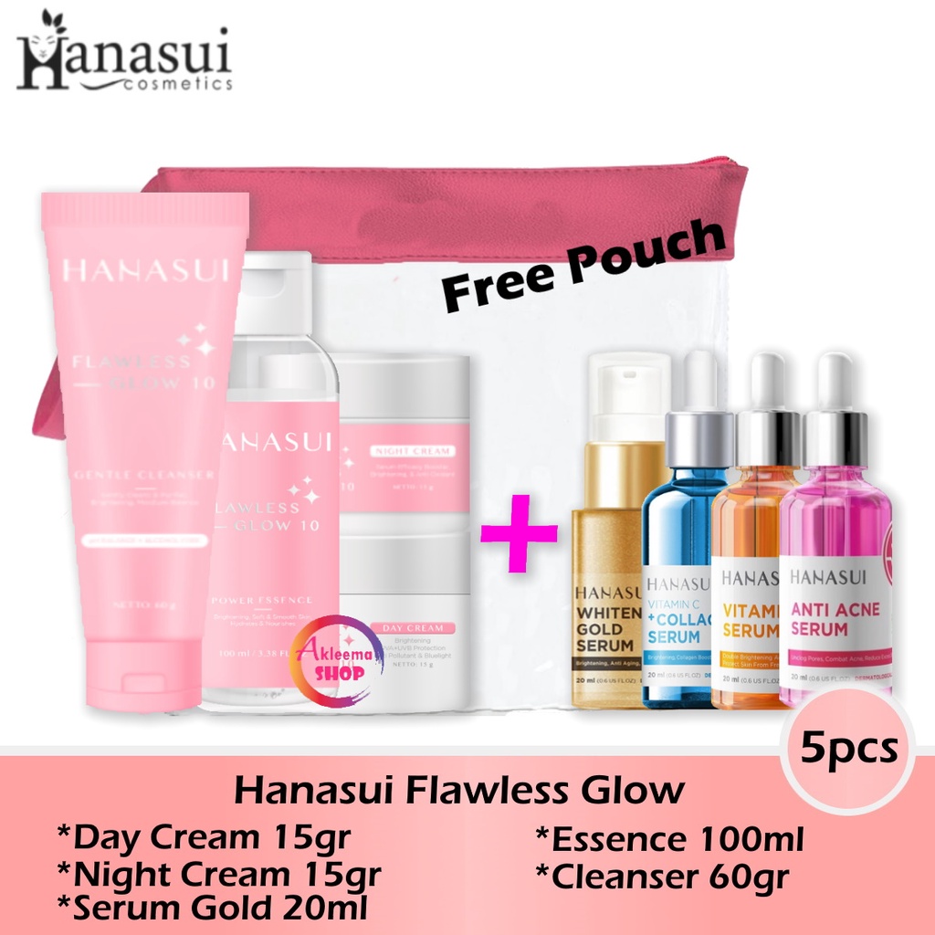 Paket Hanasui Flawless Glow 5pcs (Day+Night+Serum+Essence+Cleanser)