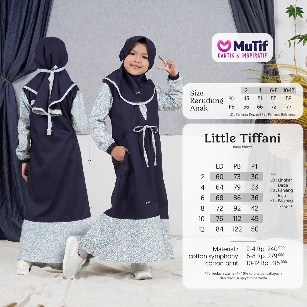 Mutif-Gamis Little Tiffani Set Hijab Sarimbit Anak Bahan Cotton Symphony Warna Navy-Brown Variasi Pi