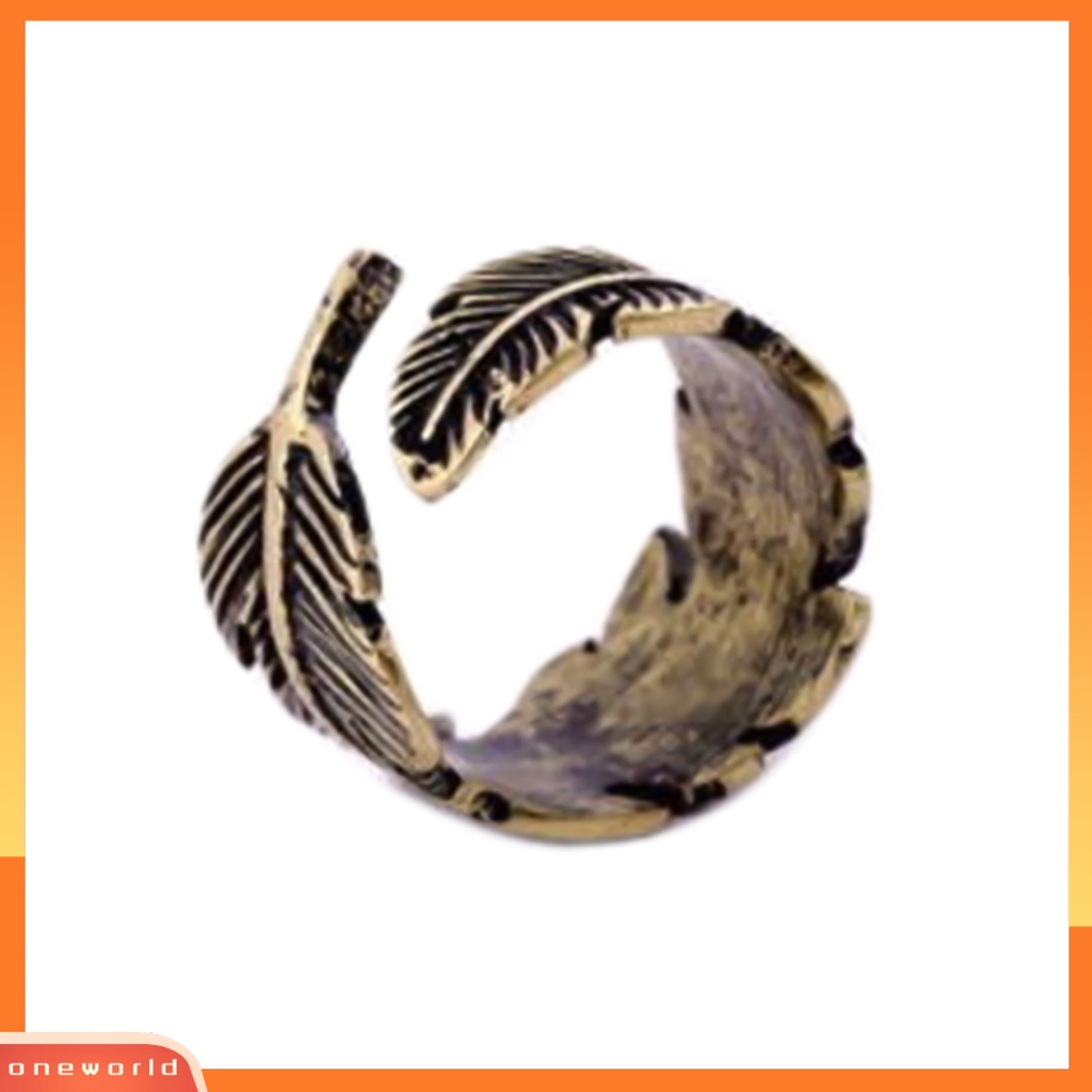 {oneworld} Cincin Terbuka Motif Daun Etsa Bulu Adjustable Bronze Antik Unisex Opening Ring Jewelry Untuk Pesta