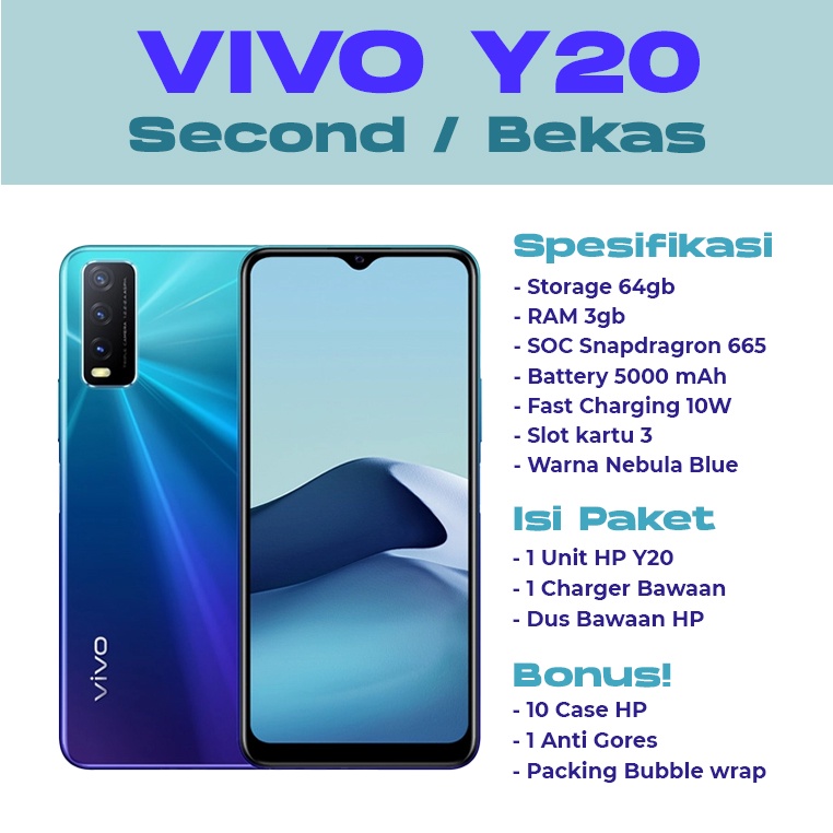 Vivo Y20 Ram 3 Rom 64Gb (Second) Free 10 CASE HP + 1 Anti Gores