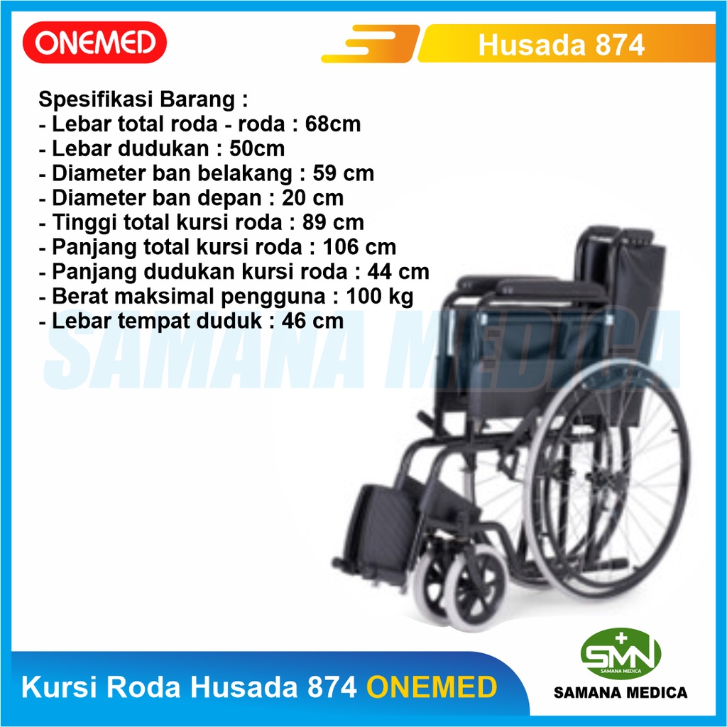 Kursi Roda Husada FS875 ONEMED Kursi roda Standar Rumah Sakit Rangka hitam Tahan Air