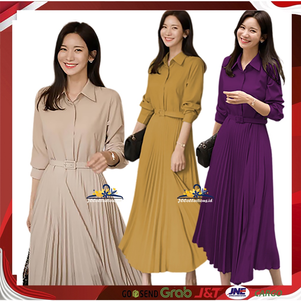 Maxi Dress Korea Style Plisket Terusan Long Dres Lengan Panjang Gracelinna JCCollections.id