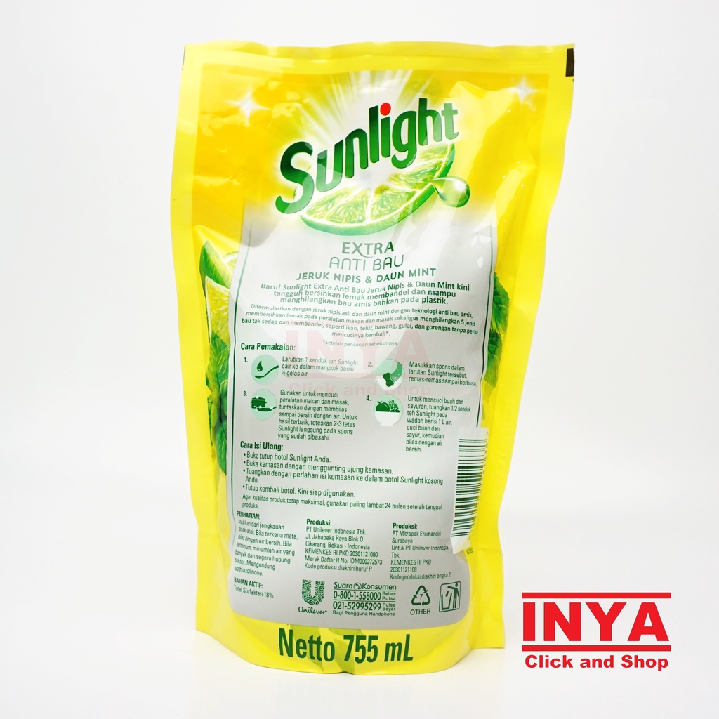 SUNLIGHT EXTRA ANTI BAU JERUK NIPIS &amp; DAUN MINT 755ml REFILL - Cairan Pencuci Piring