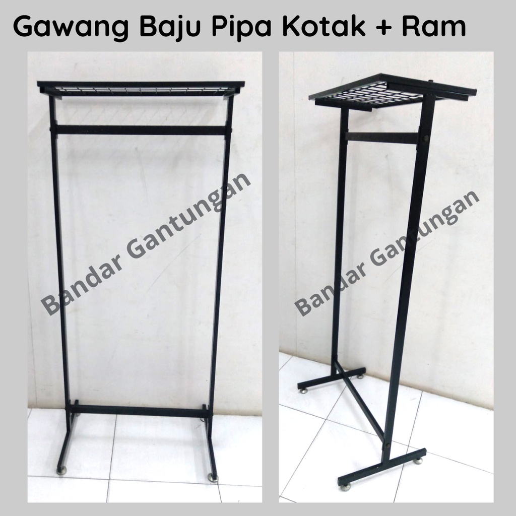 Gawang Baju Pipa Kotak Hitam Rak Etalase + Ram Hanger Besi Gawangan Baju Gantungan Baju Stand Hanger Besi-BH