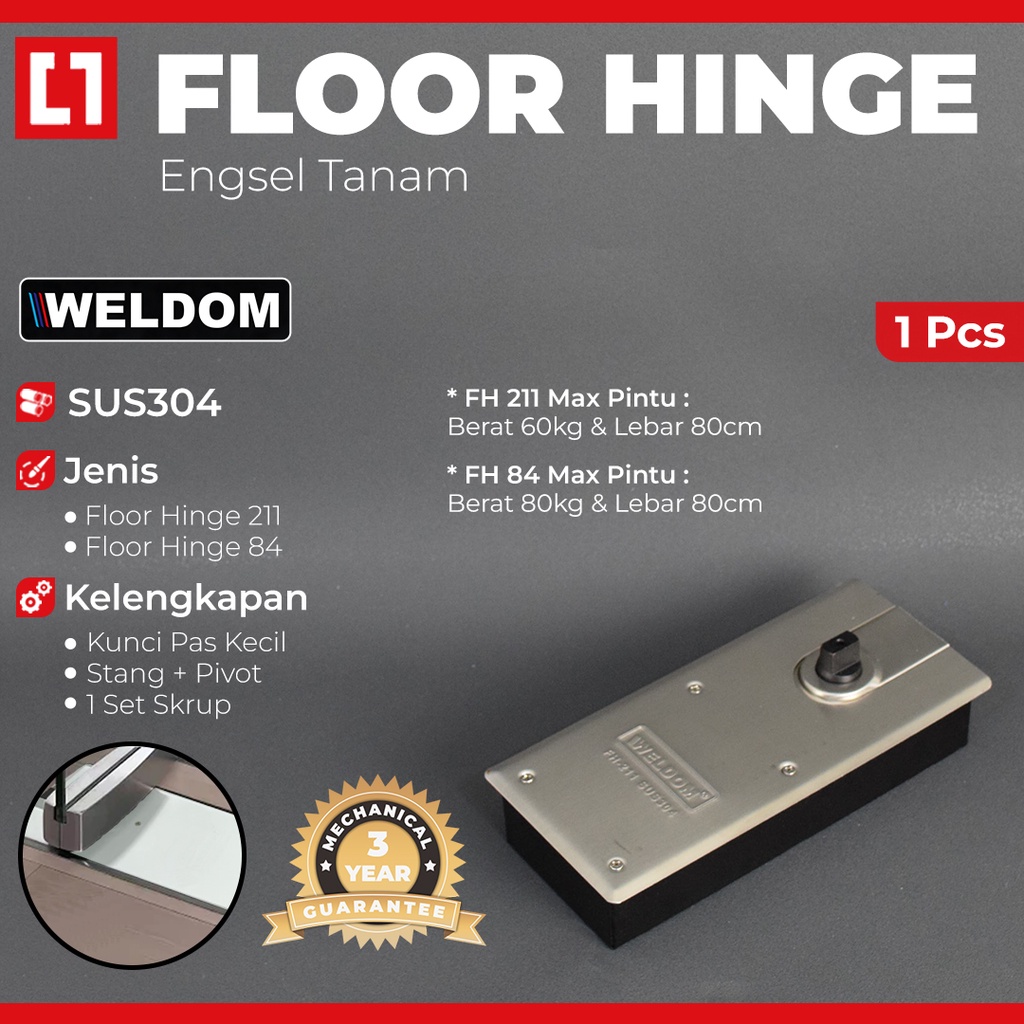 Floor Hinge / Engsel Tanam Pintu Kaca - 84 / 211 - Weldom