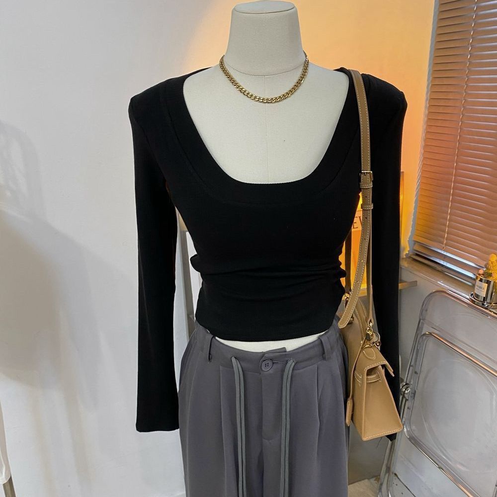 Red Ini sangat bagus untuk dipakai di dalam dan di luar ~ rendah U-neck garis leher besar pit strip bulu hangat pendek pullover T-shirt musim dingin wanita kemeja bottoming