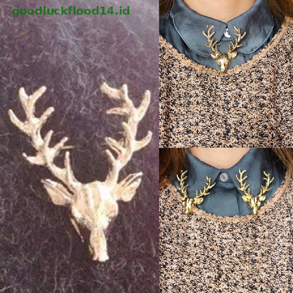 [GOOGFOUR] Unisex Hewan Bros Pin Lucu Berlapis Emas Tanduk Rusa Kepala Kerah Pin Brooch [TOP]