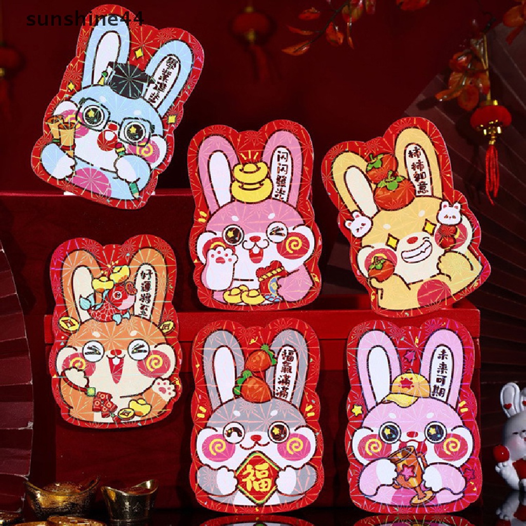 Sunshine 6PCS Amplop Merah Kelinci Kartun Imlek 2023tahun Kelinci Hong Bao Zodiak Merah Untuk Pesta Tahun Baru.