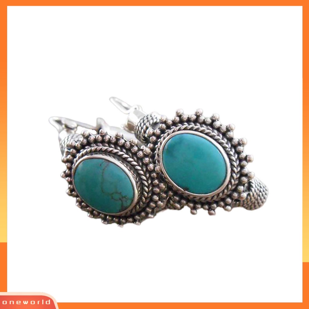 {oneworld} 1pasang Anting Hoop Tindik Oval Ukir Unik Biru Turquoise Bohemia Retro Earrings Perhiasan Aksesoris