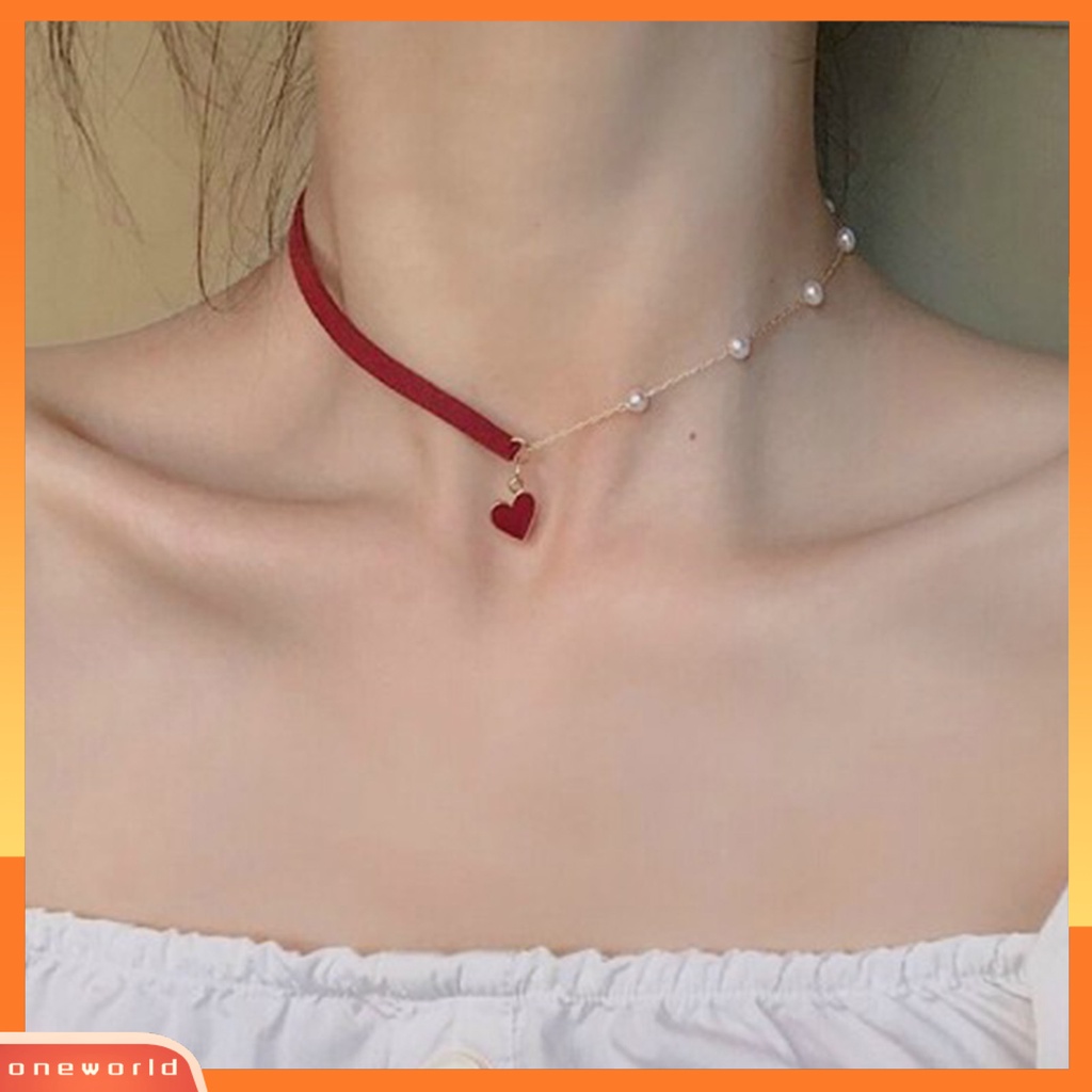 [ONE] Liontin Kalung Kepribadian Manik-Manik Asimetris Temperamen Geometris Cinta Merah Hati Mutiara Imitasi Kalung Kalung Perhiasan Aksesori