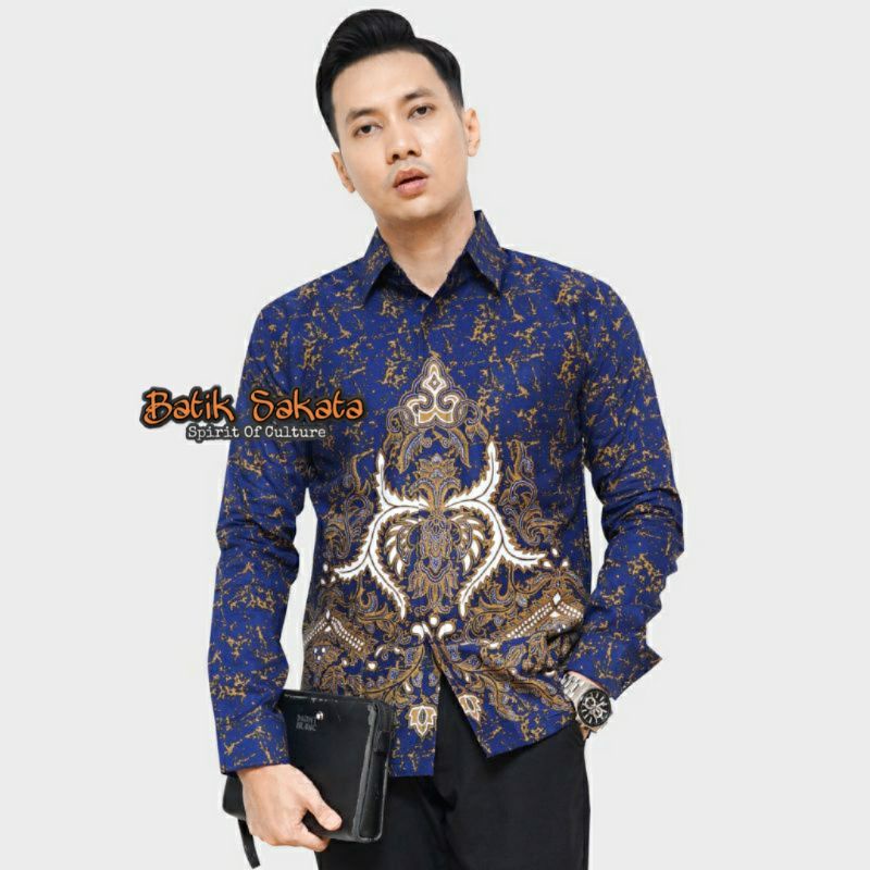 ANDHARU NAVY Kemeja Batik Pria Slimfit Lengan Panjang Bahan Katun Halus Lapis Furing