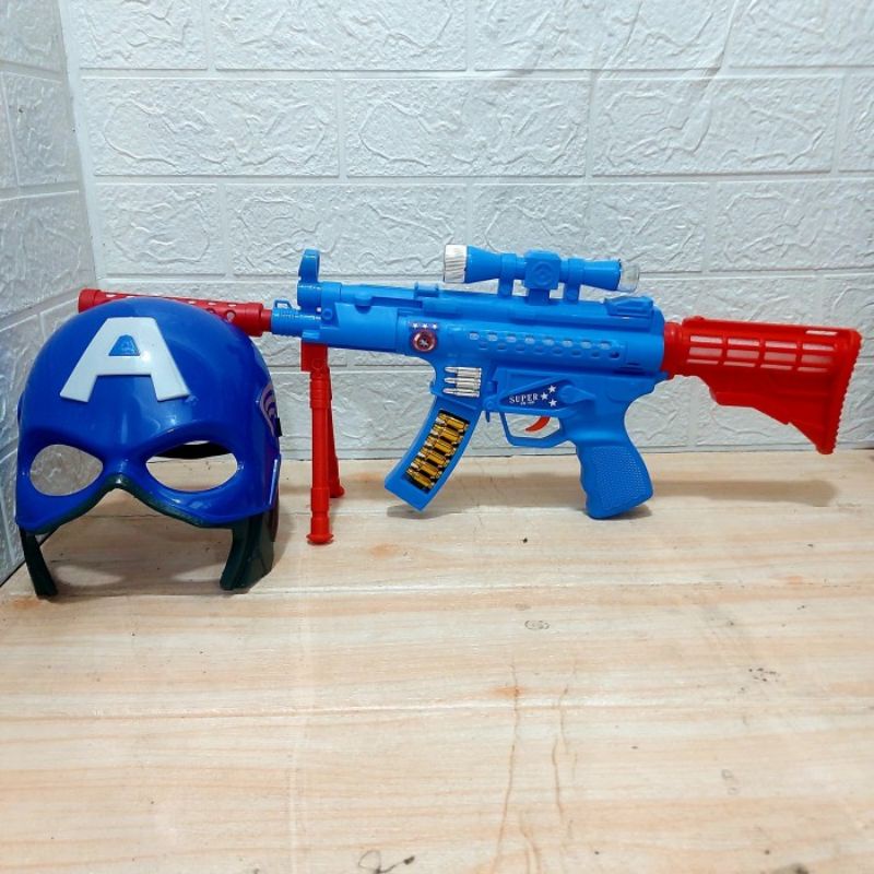 Mainan Set Topeng dan Tembakan Capt America Baterai- Pistolan Cosplay Avengers Batre Anak Laki Cowok