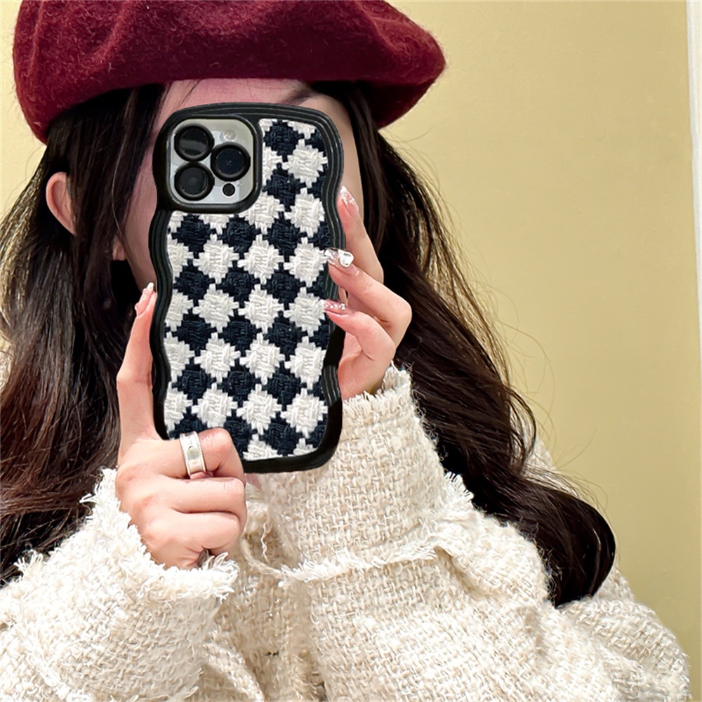 IPHONE Case Fashion Kompatibel Untuk Iphone11 14 12 13 Pro MAX iPhone7 8plus 6s Plus XR 14Plus XS MAX SE 2020 Bingkai Bergelombang Timbul Bunga Berlian Check Pattern Soft Clear Phone Cover BY