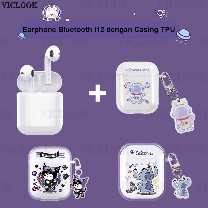 VICLOOK Headset Bluetooth super bass inpods 12 TWS Earphone True Wireless Stereo HIFI Sentuh Earbud i12 Dengan TPU Casing Kartun Lucu Transparan