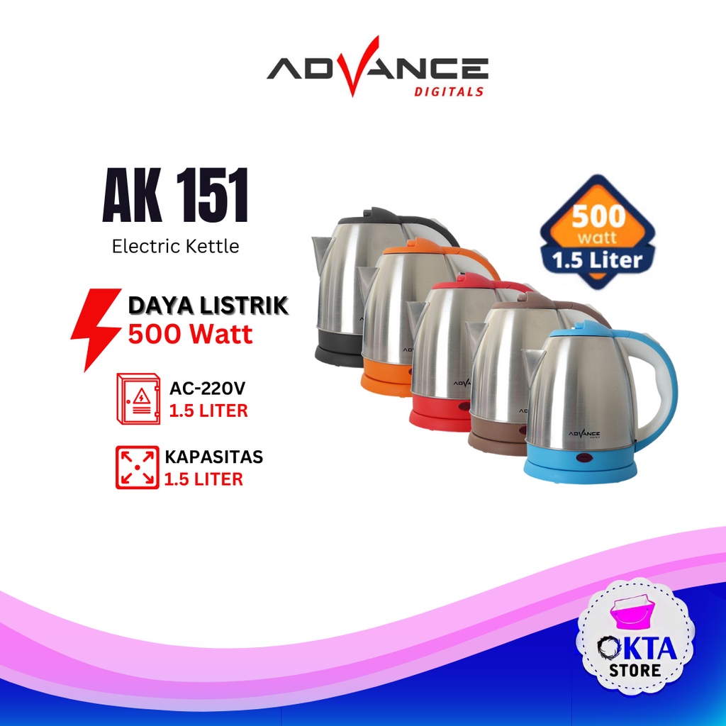 Teko Listrik AK-151 ADVANCE / Electric Kettle Body Stenless 1.5 Ltr