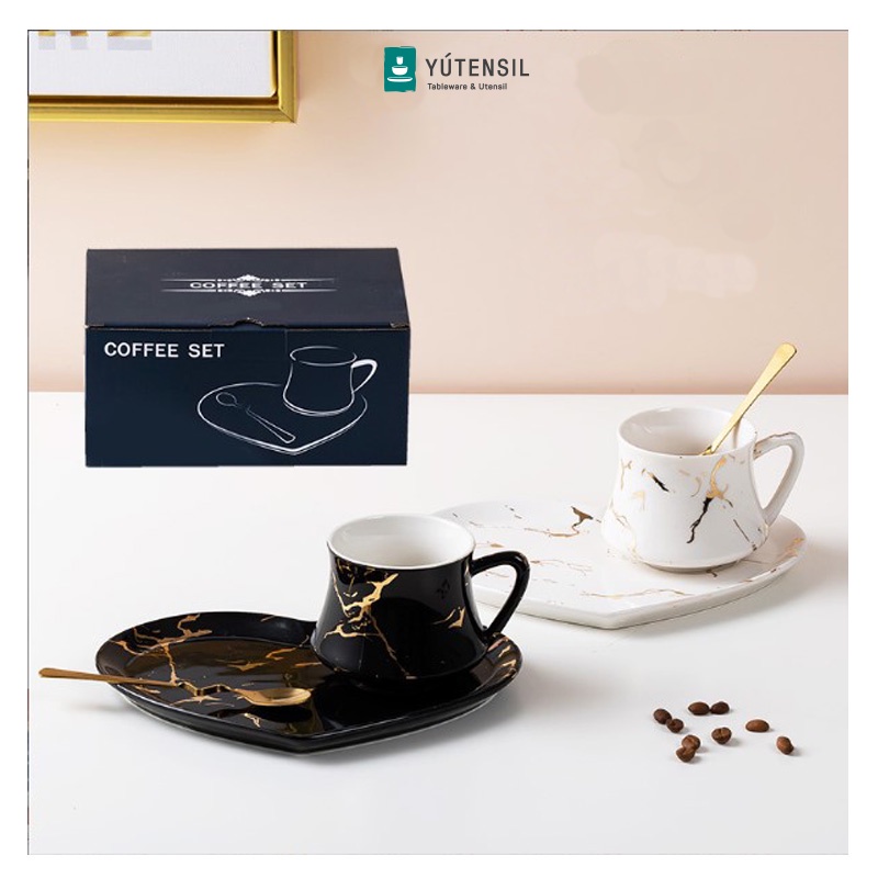 Yutensil Gelas / Cangkir Kopi & Teh Marble / Tea Set with Gift Box