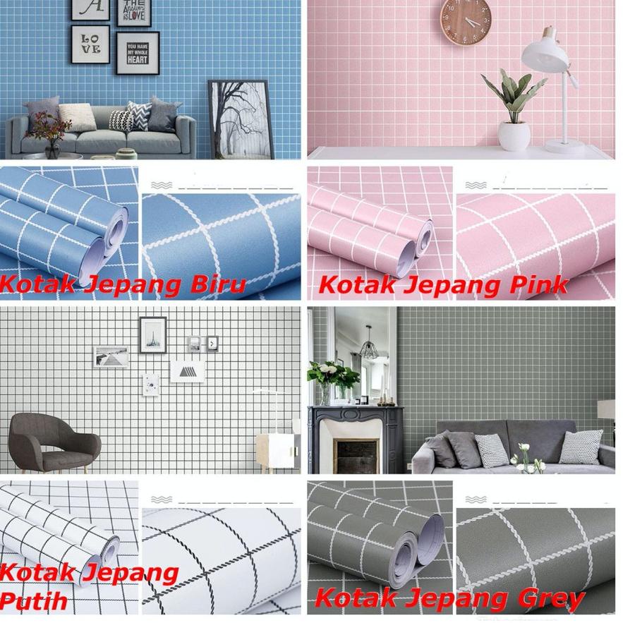 BHS.07Ja23n • WALLPAPER DINDING ukuran 45 cm x 10 M Motif KOTAK SQUARE MINIMALIS ALA JEPANG BIRU PUT