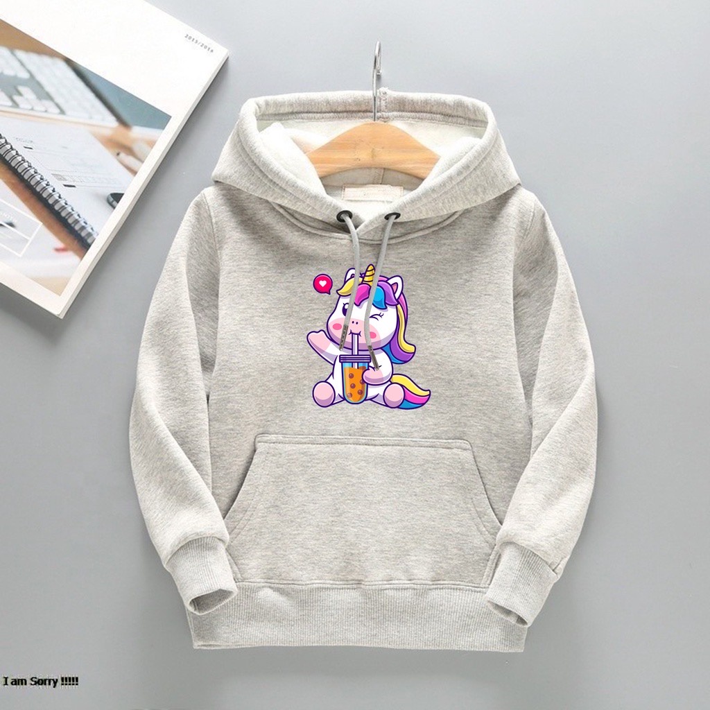 Jumper Hoodie Anak  LOVE BOBA UNIC0RN II Jaket Hoodie Anak Viral Bahan Fleece Sz M - XL ( Laki Laki &amp; Peremepuan )