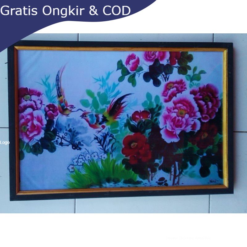 hiasan dinding lukisan cetak bunga mawar pink dan burung plus bingkai UK 65×45 { BISA COD }