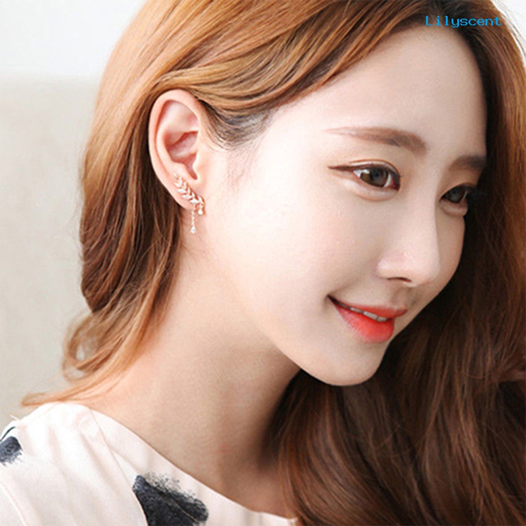 [LS] Ear Studs Asimetris Anti Karat Wanita Daun Berlian Imitasi Anting Rumbai Untuk Pernikahan