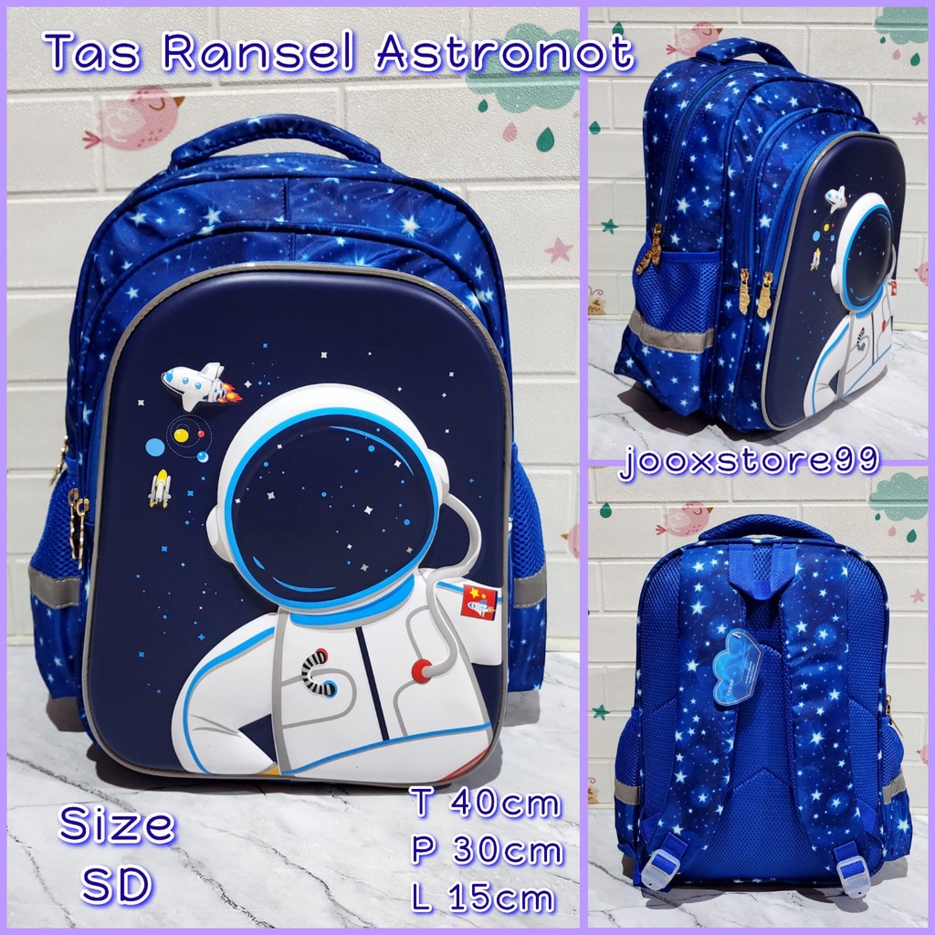 Tas Sekolah Ransel Anak TK dan SD Motif Timbul 3D Gambar Astronot dan Dino Tas Gendong Anak Import Backpack Anak Laki - Laki