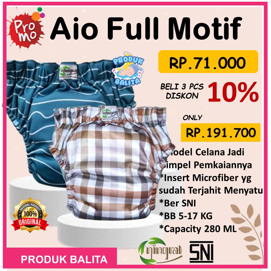 Clodi Celana All In One Popok Kain Cuci Ulang Insert Dijahit Menyatu Clodi Bayi Ningrat Full Motif Reguler BB 5-17 Kg