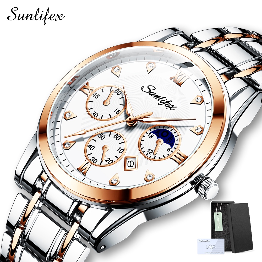 Sunlifex Jam Tangan Pria Original 9004A Kuarsa Calendar Tali Stainless Steel Mode Santai Jam Tangan Cowok-RoseGold