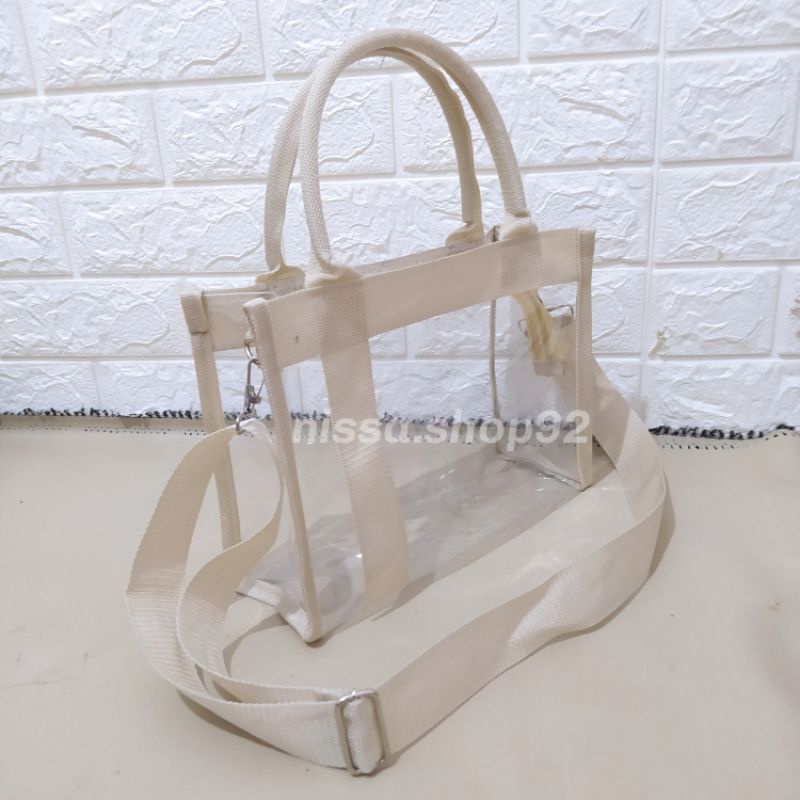 Tas selempang wanita resleting PVC mika transparan kanvas