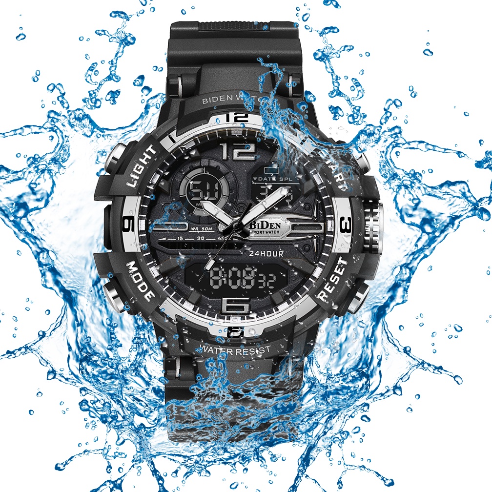 BIDEN Jam Tangan Pria R008 Olahraga Jam Digital &amp; Analog Multifungsi Alarm Tali Silikon Anti Air Jam Tangan Cowok