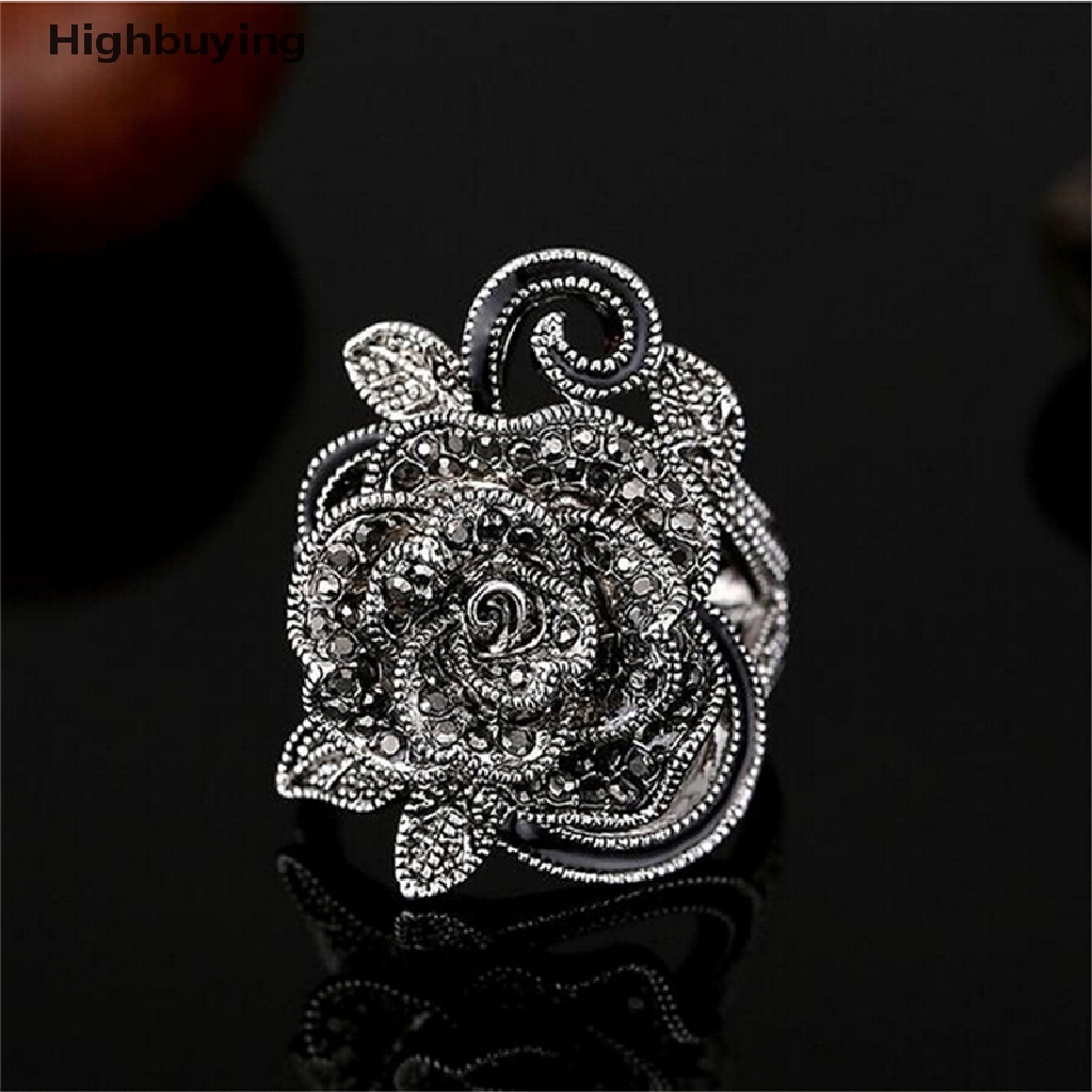 Hbid Wanita Retro Bunga Mawar Cincin Hitam Kristal Vantige Bunga Besar Rings Perhiasan Hadiah Glory