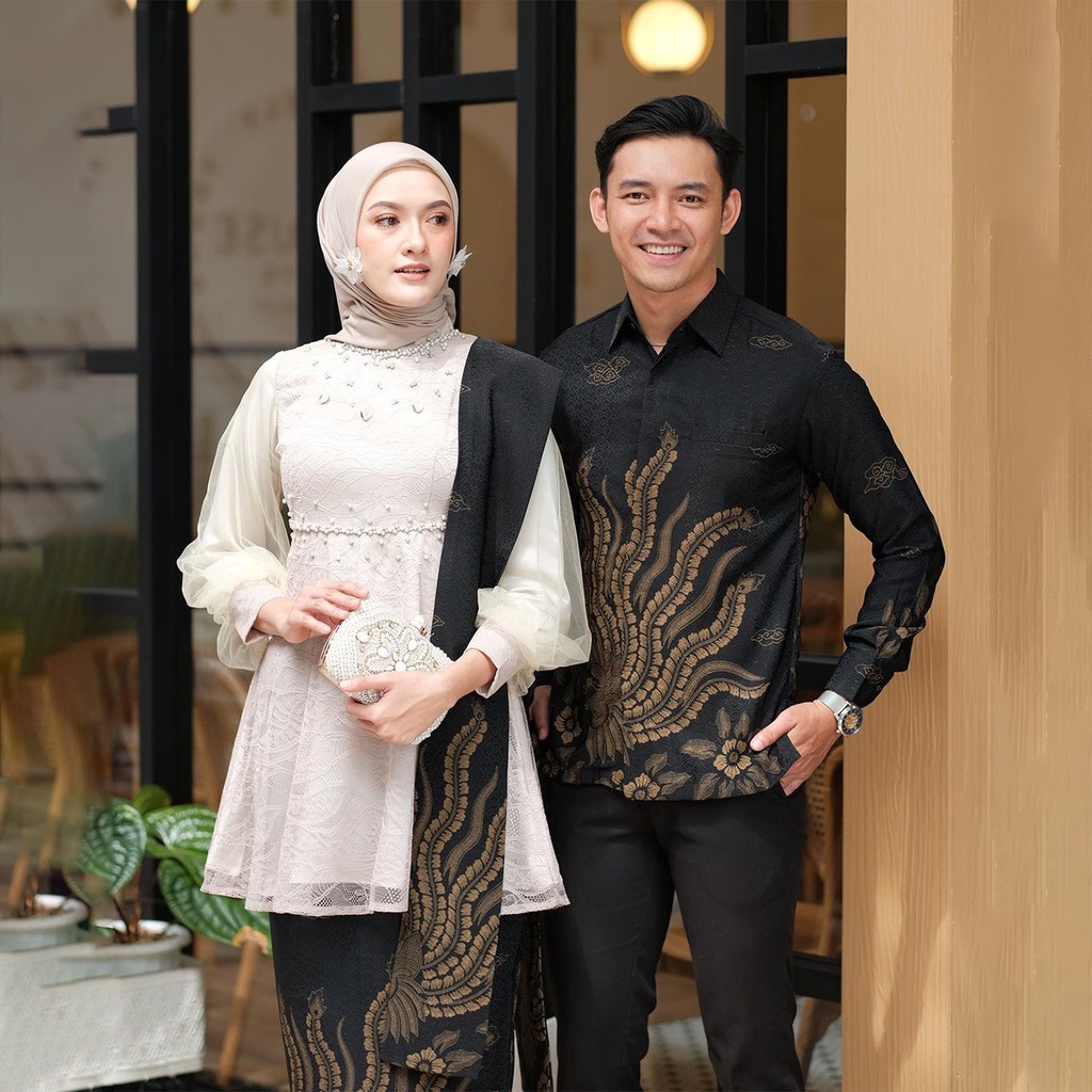 (READY CREAM DAN MAUVE) Batik Couple Brokat Kekinian Kebaya Modern Wanita Set Zevanya Lengan Panjang Baju Couple Pasangan Free Selendang