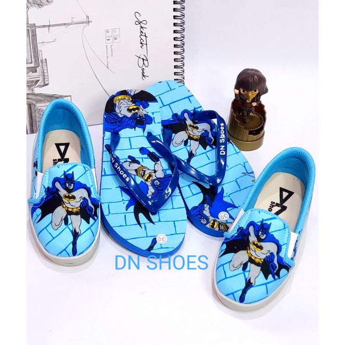 Paket Sepatu Anak Sandal Jepit Anak Paket Slip On Sandal Flat Anak Laki Laki Keren Karakter Batman Biru Lucu