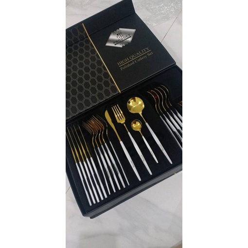 GS8 Cutlery Set Perlengkapan Makan 24 PCS Mewah Stainless Steel Premium Sendok Garpu Pisau Warna Emas Original Murah Import Garansi KNIFEZER TW873 Black Gold Cocok hadiah Hampers