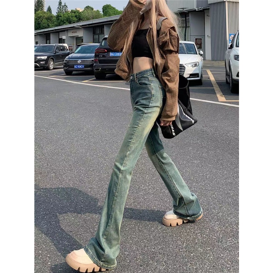 ✱℗✉American Retro Kuno Berkobar Celana Jeans Wanita Musim Gugur dan Musim Dingin Tinggi Pinggang Pelangsing Elastis Panjang Lantai Panjang celana Berkobar