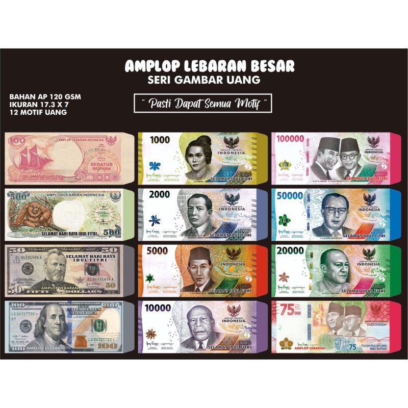 

[1pack isi 10pcs] Amplop Lebaran Panjang Motif Uang 2024 Tebal Premium