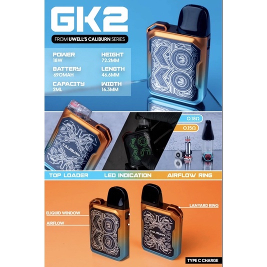 COD New elektronik OTHENTEEYK new uwel gk2 siap pakai caliburnn gk 2 podskit siap pakai 18w