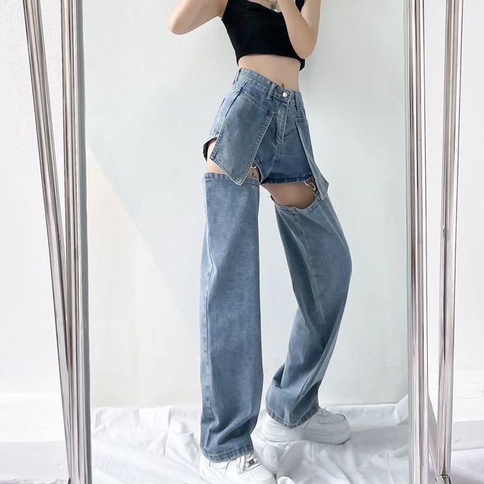 ☬♣▧High Street Hot Girl Gaya Eropa dan Amerika Dua Memakai Pinggang Tinggi Lurus Longgar Celana Jeans Wanita Musim Panas Dapat Dilepas Memakai slim Celana Tide