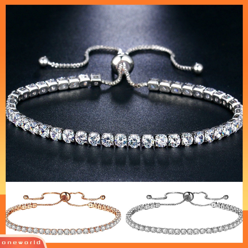 {oneworld} Mewah Cubic Zircon Baris Tunggal Tarik Slider Gelang Wanita Adjustable Bangle