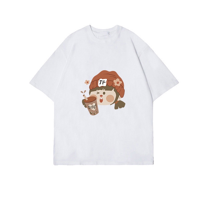 100%  Katun Vintage Kaos Lengan Pendek Cream Atasan Wanita Oversize Cartoon Girl Printed T-shirt Kekinian Korean Style/kaos wanita jumbo