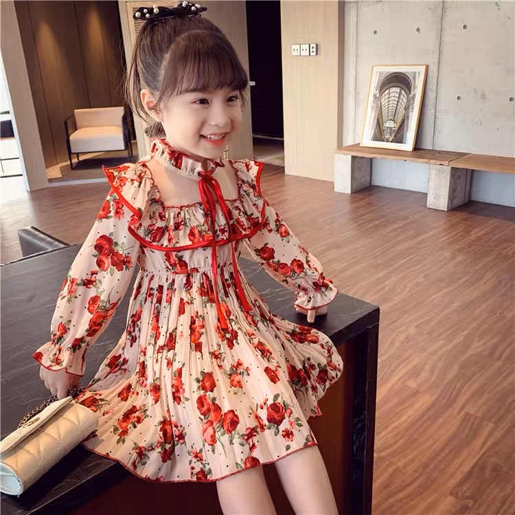 Dress Anak Perempuan Import Plisket Motif Bunga Merah