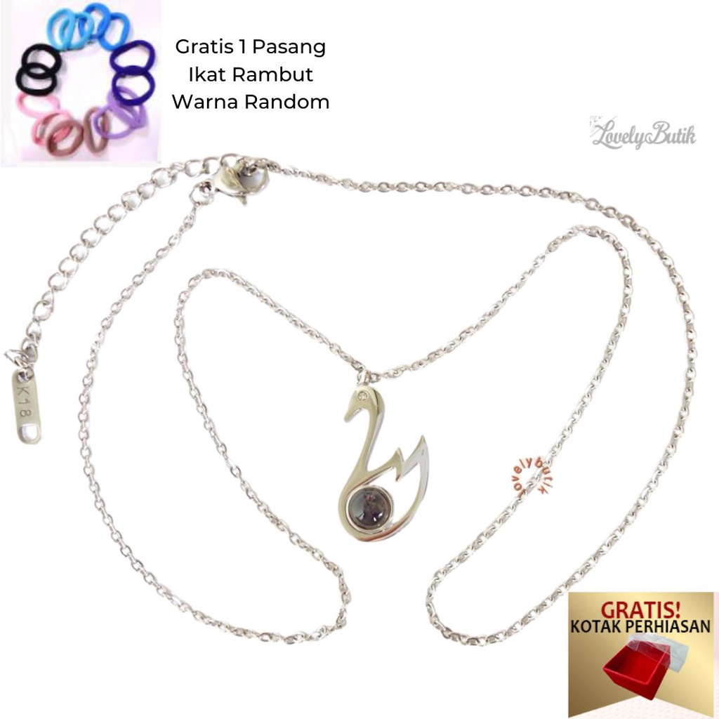Kalung Wanita Titanium anti karat Model Kristal Angsa Black Bonus Ikat Rambut Cantik - Lovelybutik