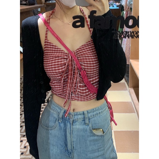 Red Spice Girls Niche Chic Serut Menggantung Leher Suspender Wanita Pakaian Dalam Musim Panas Ramping Desain Serbaguna Rompi Pendek Tanpa Lengan