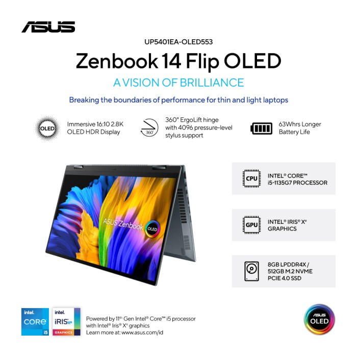 Laptop Asus ZenBook Flip 14 OLED UP5401EA Touch i5 1135G7 RAM 8GB 512GB SSD IRIS XE OHS 14.0 2.8K  W11