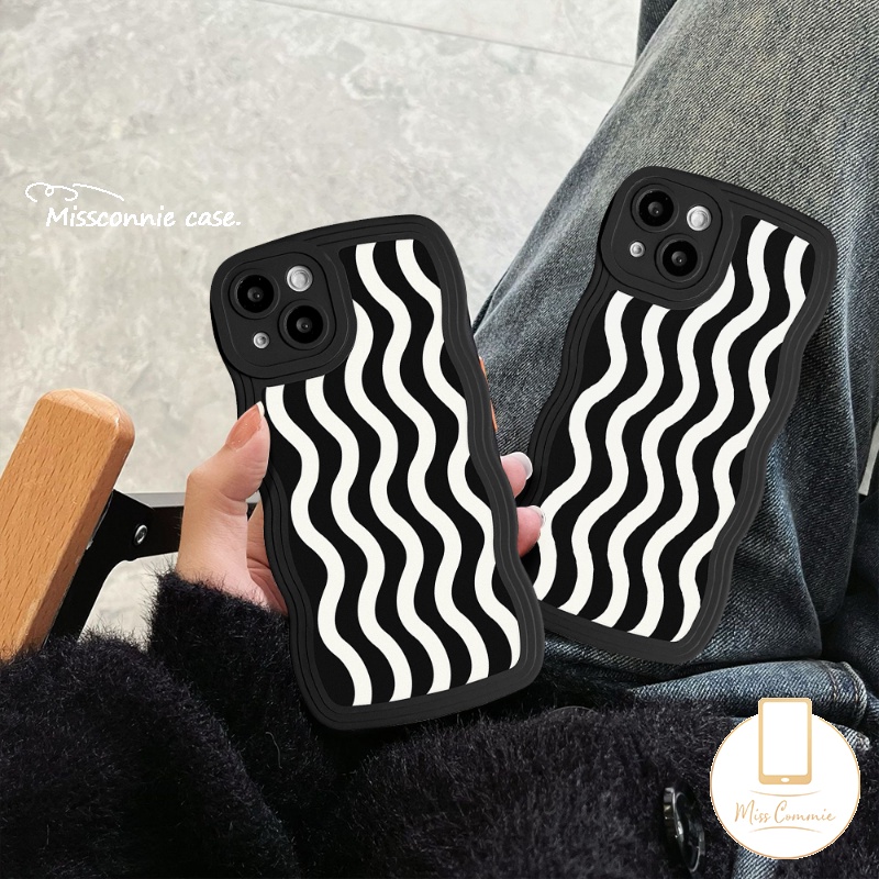 Redmi 12C 910 9A 9T 10A 10C 9C NFC A1+A1 Note10 10Pro 11Pro+9 8 11 9Pro Note 9s 10s 11s PO CO M3 X3 NFC Pro Mi 11T Pro Fashion Hitam Putih Motif Gelombang Air Case Tepi Bergelombang Lembut