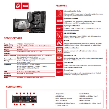 MSI MAG B650 TOMAHAWK WIFI | Motherboard AMD B650 Ryzen AM5