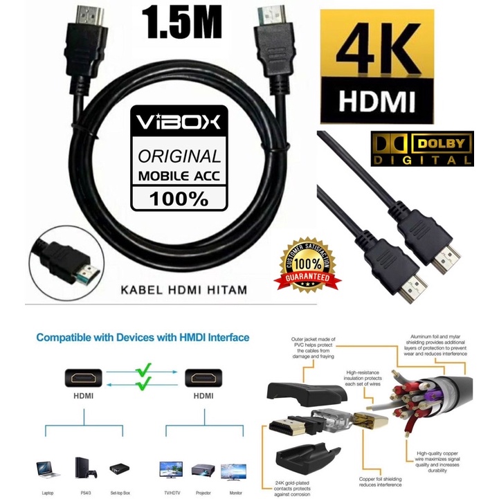 KABEL HDMI VIBOX 1.5METER HD AUDIO DIGITAL FOR SET TOP BOX MULTY MEDIA PLAYER KOMPUTER PC LAPTOP